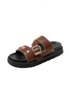 新款时尚金属扣装饰坡跟凉鞋，舒适防滑，百搭易清洁，适合海滩和日常穿着 - 棕色 - 查看 6