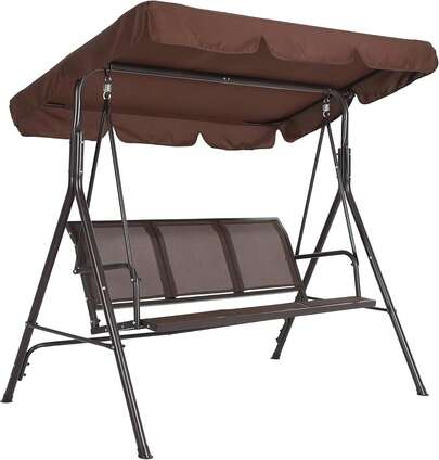 Columpio de Patio 3 Asientos para Adultos con Dosel Ajustable, Hamaca de Porche Impermeable de Textileno y Marco de Acero, para Jardín, Césped y Patio, Color Marrón