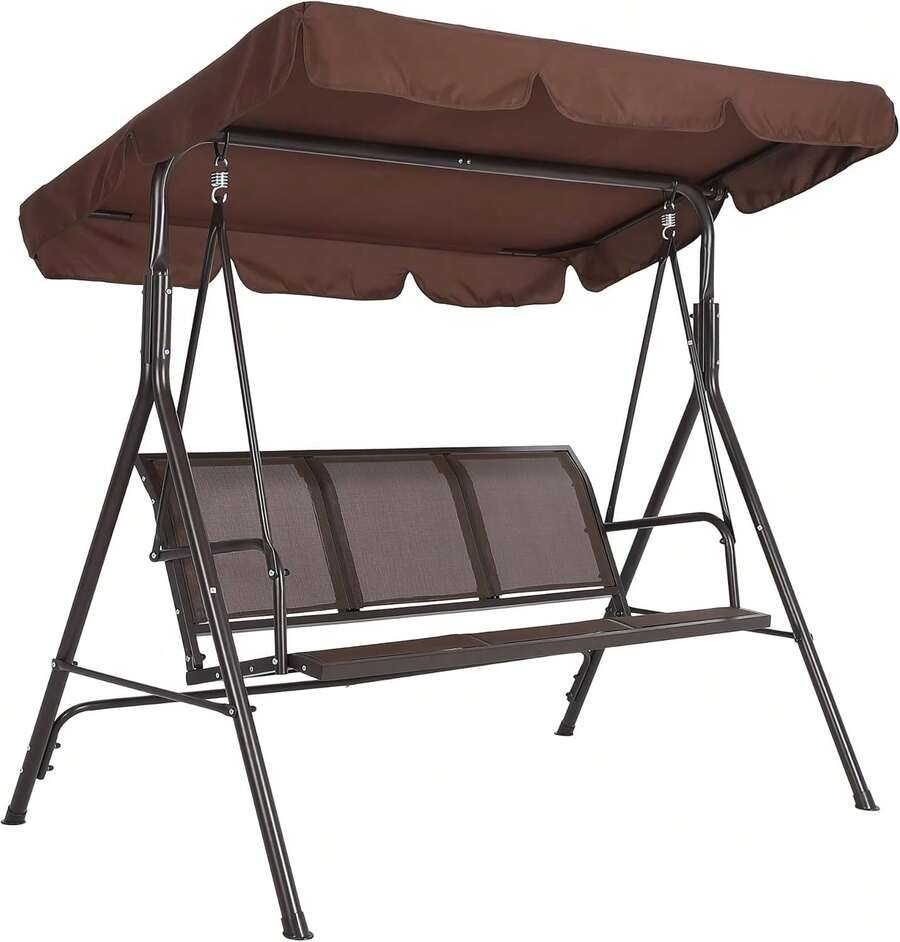 Columpio de Patio 3 Asientos para Adultos con Dosel Ajustable, Hamaca de Porche Impermeable de Textileno y Marco de Acero, para Jardín, Césped y Patio, Color Marrón - Marrón - Ver 1