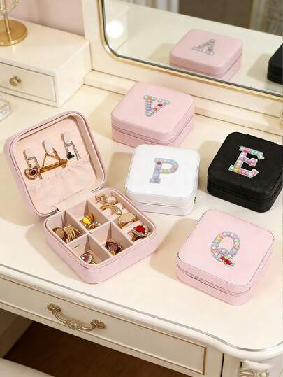 1pc Square Jewelry Box, Jewelry Storage Box, Portable Travel Jewelry Case With Zipper, Compartments For Necklaces, Rings, Earrings, Minimalist Design, Earring & Ring Separate Sections, Girlfriend Birthday Gift, Elegant Desktop Decor, Thick Velvet Lining Anti-Scratch, Multi-Layer Necklace & Earring Storage, Luxury Wedding Favor, Vanity Table Decoration, High-End Birthday Gift, Makeup Room Decor