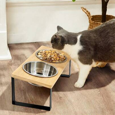 15° Tilted Anti-Vomiting Pet Bowl Stand, 2 Stainless Steel Bowls Suitable For Cats & Dogs, Raised Feeder