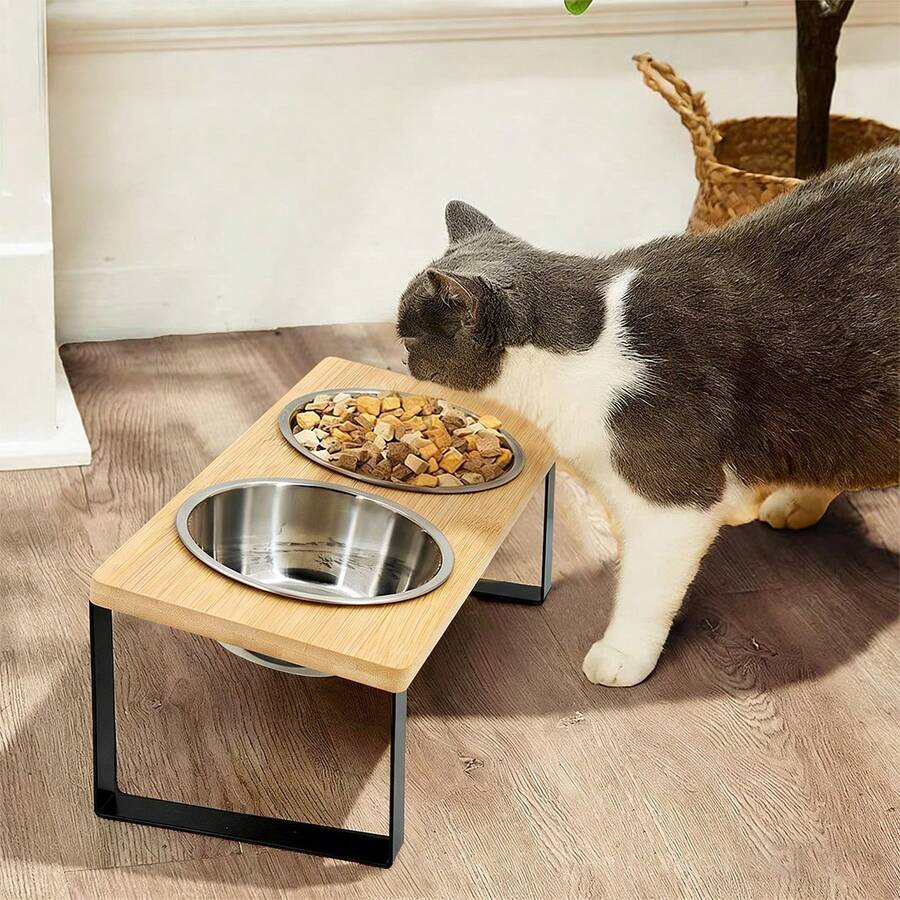 15° Tilted Anti-Vomiting Pet Bowl Stand, 2 Stainless Steel Bowls Suitable For Cats & Dogs, Raised Feeder