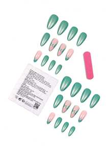 24片法式蝴蝶结美甲贴片，杏仁形，绿色，美甲用品，适合日常佩戴 - 彩色 - 查看 2