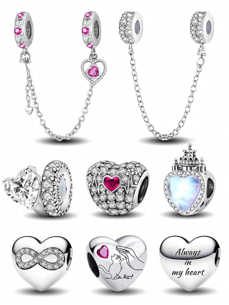 1件时尚闪亮心形串珠吊坠，适合女士手链、手镯DIY饰品制作及日常配饰，适合女孩佩戴 - 銀色 - 查看 1