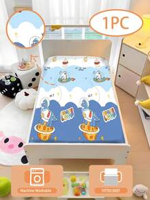 1PC 110g Blue And White Contrasting Dinosaur Astronaut Theme Bed Sheets, Children's Cartoon Bed Sheets Made Of 100% Polyester, Baby Spliced Bed Sheets, 3D Printed Cartoon Bed Sheets, Made Of 100% Washed Ultra-Fine Fibers (1 Sheet, Without Padding), Suitable For Children's Rooms, Kindergarten Nap Beds, Baby Beds, Infants And Preschool Children (Bed Sheet Edge Height Of 15cm) - Multicolor - View 1