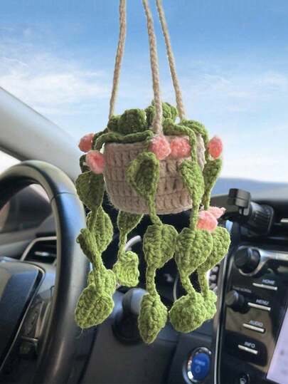 1pc Handmade Crochet Hanging Succulent Planter, Decorative Car Rearview Mirror Pendant