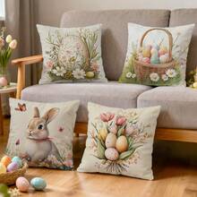 4 fundas de almohada decorativas con estampado de conejito y huevo de Pascua, de un solo lado, para sala de estar, dormitorio y decoración del hogar, aptas para todas las estaciones - No incluye relleno de almohada - Multicolor - Ver 8