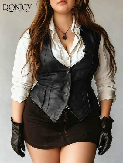 DONICY Conjunto elegante para mujer talla grande, chaleco ajustado de cuero de PU marrón vintage, chaqueta versátil de negocios casuales de moda, adecuada para citas, fiestas, conciertos, primavera y otoño