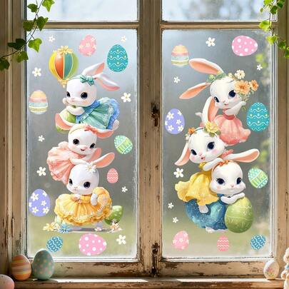 1/2 套可爱兔子和复活节彩蛋窗贴，可重复使用的 PVC 静电贴，适用于浴室和阳台玻璃门窗，家居装饰，隐私膜