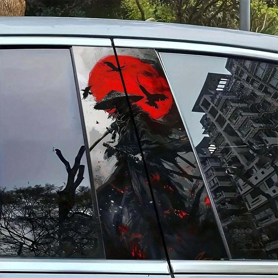 2pcs Red Raven Warrior Car B-Pillar Stickers, Easy To Apply And Remove, UV And Waterproof, Great Gift For Car Enthusiasts, Decorative Stickers Make Your Vehicle Stand Out