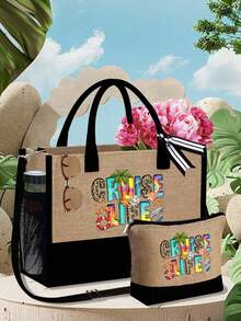 Túi xách đi biển dành cho nữ, in dòng chữ "Sailing Life" và họa tiết cây cọ, túi xách dung tích lớn với 2 ngăn đựng mỹ phẩm, điểm xuyết các yếu tố cá heo, sao, vỏ sò, thích hợp cho du lịch, cuộc sống biển, du thuyền, kỳ nghỉ biển, quà tặng sinh nhật cá nhân hóa cho bạn bè và người thân. - Nhiều màu - Xem 5