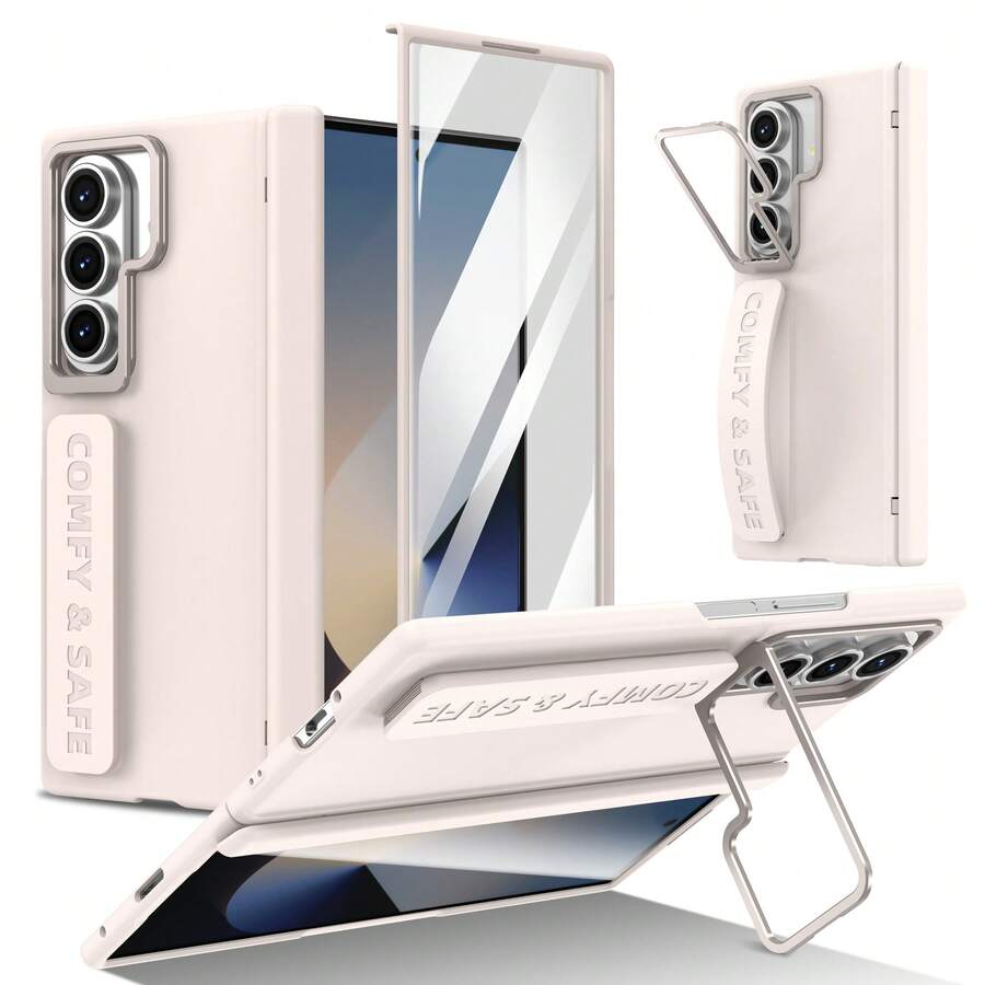 VIETAO Ốp lưng điện thoại thời trang có giá đỡ máy ảnh và dây đeo cổ tay dành cho Samsung Galaxy Z Fold 4/5/6/7 - Màu be - Xem 1