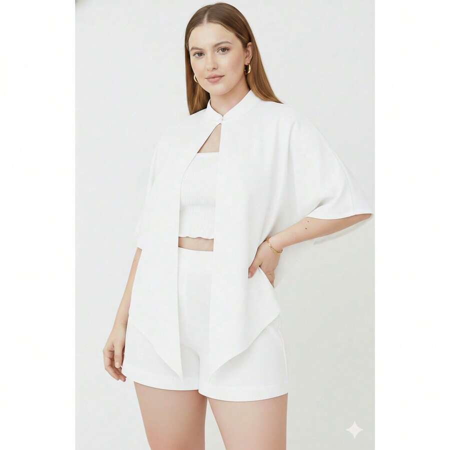 Premium Crepe Set - Kimono Cape & Cropped Top - Blanco - Ver 1