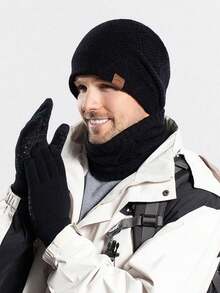 Men's Minimalist Solid Color & Striped Jacquard Knit Hat, Scarf, And Fingerless Gloves Set, Soft Thermal Lined, Warm And Fashionable For Autumn/Winter Outdoor Sports And Casual Wear - Multicolor - View 2