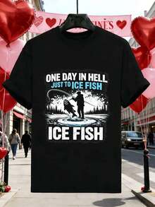T-shirt homme humoristique à motif de pêcheur sur glace, idéal pour le printemps. Coton doux, coupe confortable, respirant, style décontracté, design graphique. - Noir - Voir 2