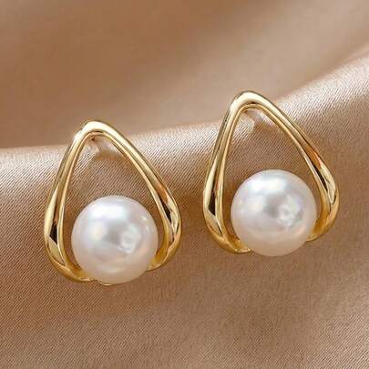 1 par de pendientes de botón con gota de agua geométrica de estilo francés vintage de lujo, falsa perla, adecuado para niñas jóvenes para uso diario y vacaciones