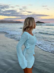 女士纯色性感镂空露背长袖罩衫短款连衣裙，适合海滩度假、春夏穿着 - 淺藍色 - 查看 9