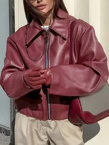 Oversized Collared Zip-Up Jacket Jackets For Women  Long Sleeve Tops Women  Red Blazer Women  Womens Tops  Light Jacket Women  Pink Leather Jacket - 紅色 - 查看 5