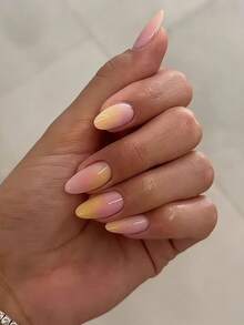 瞬间提升你的美甲造型！24套杏仁形春夏甜美梦幻粉色渐变美甲贴纸，完美贴合亚克力假指甲，一套美甲用品，适合女性和女孩在夏季日常、工作、学习和派对美甲时使用。杏仁形假指甲 - 彩色 - 查看 2