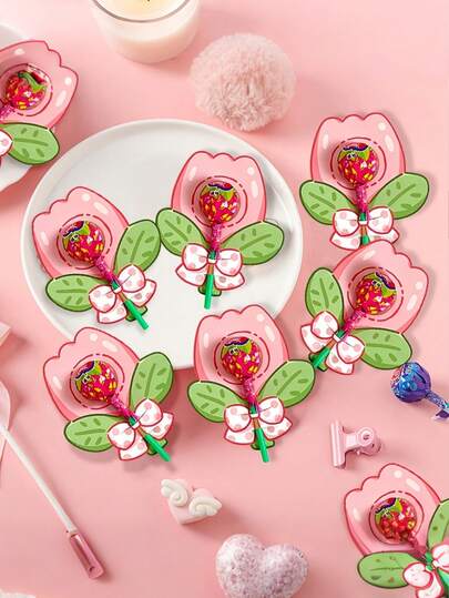 100pcs Flower Lollipop Paper Cards, Cute Cartoon Tulip Shaped Lollipop Insert Cards, Suitable For Mother's Day, Wedding, Party, School, Birthday, Holiday Decoration, Party Favors, Birthday Gifts, Creative Gifts