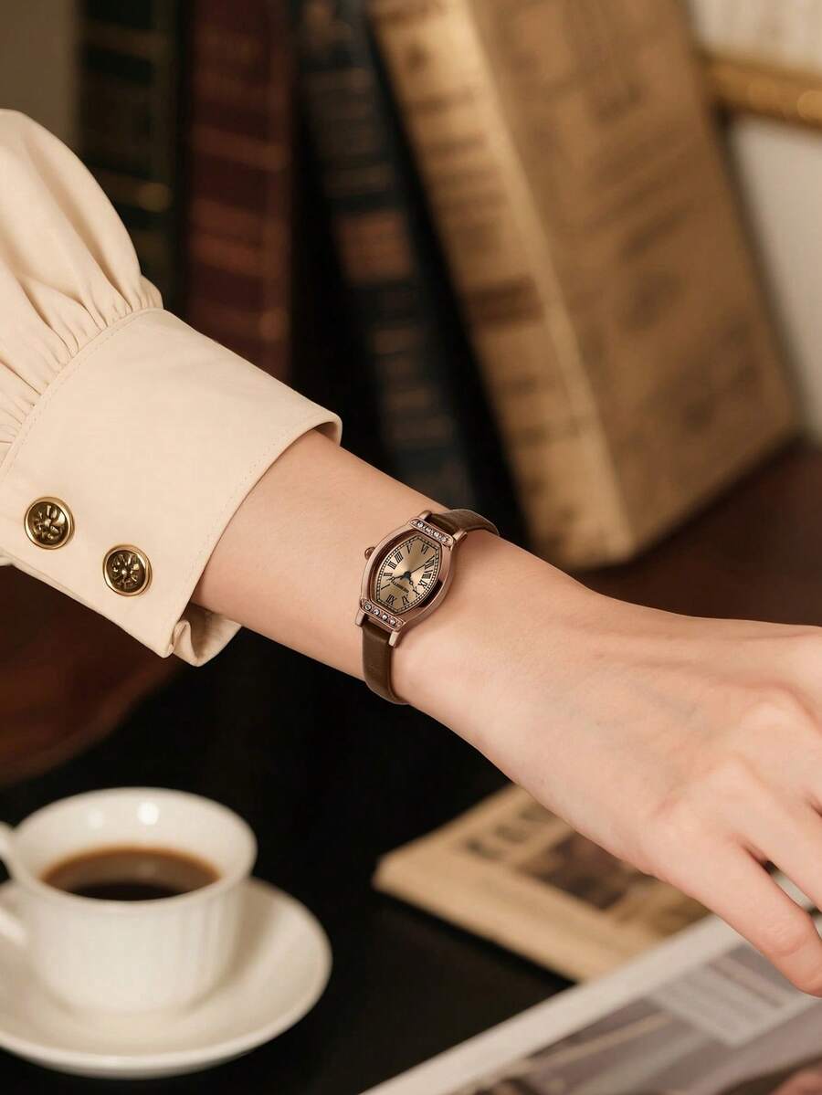 1 chiếc đồng hồ nữ kiểu dáng retro, dây da, máy quartz, thích hợp để đeo hàng ngày. - Cà phê nâu - Xem 1