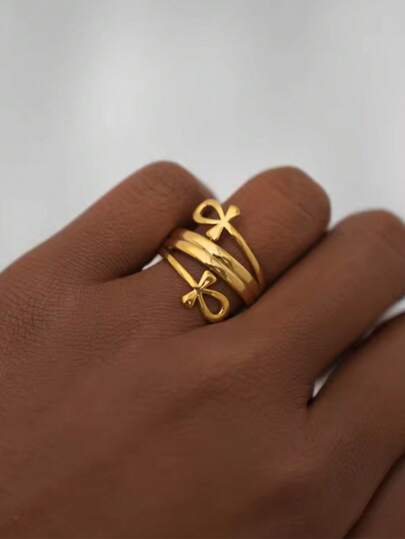 Egyptian Double Coil Ankh Rings For Women Jewelry Gold Color Stainless Steel Ring Africa Egypt Finger Ring Wedding Party Gift
