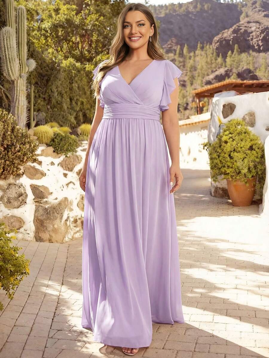 V领纯色高腰褶裥浅紫色伴娘礼服，婚礼宾客派对节日礼服 春季