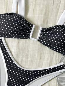 性感黑白波点比基尼套装 | 情人节特惠 | 钢圈加垫上衣 + 高腰泳裤 | 海滩约会和泳池派对度假的完美之选 - 黑與白 - 查看 6