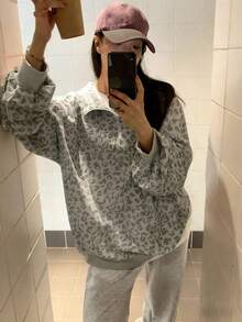 Y2K Leopard Corduroy Half-Zip Oversized Pullover (Cozy Lazy Vibe Top) - 灰色*春秋百搭 - 查看 5