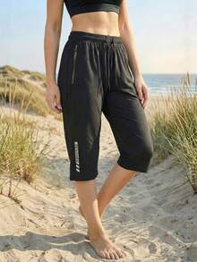 Women's Quick-Dry 3/4 Pants, Elastic Waist 3/4 Pants, Zipper Pocket 3/4 Pants Suitable For Hiking And Summer, Sports & Casual Pants - Black - View 3