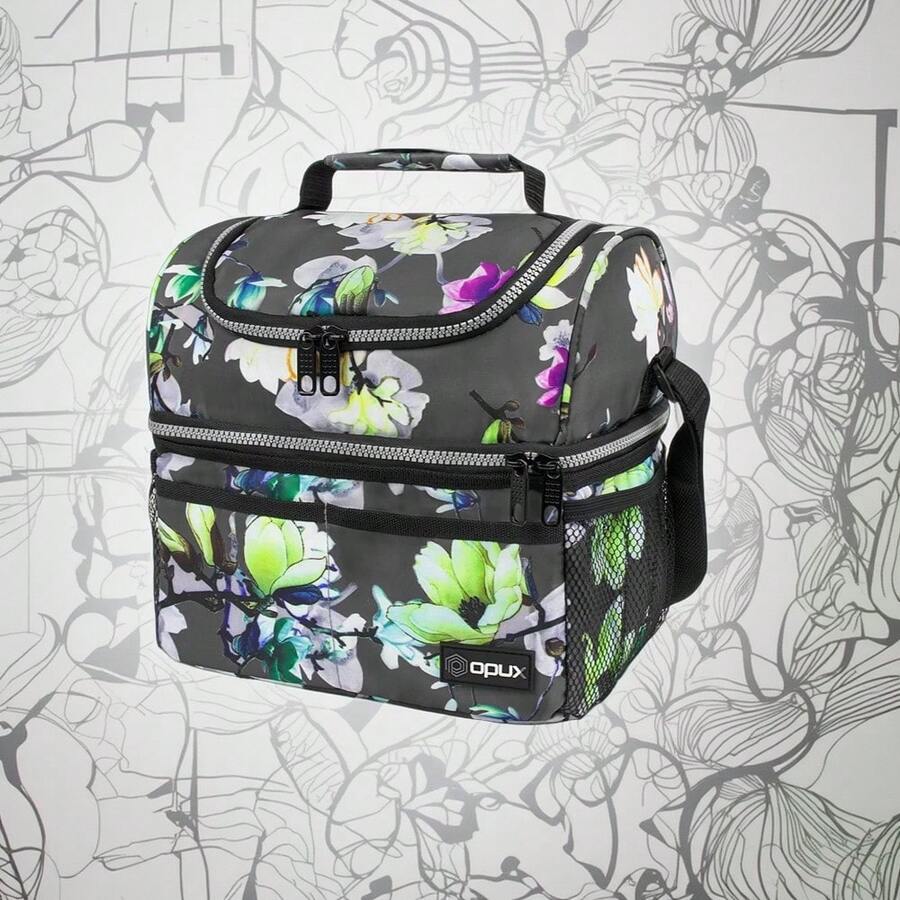 Elegant Insulated Lunch Bag For Women, Spacious Double-Layer Meal Prep Container, Leak-Resistant Lunch Cooler With Dual Compartments, Soft-Sided Tote For Professional And School Use, Stylish Floral Gray Design - Multicolor - View 1