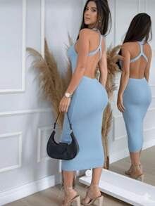 Midi Knit Dress With Crossover Back, Modal Fabric, For Christmas And New Year's. - Light Blue - View 1