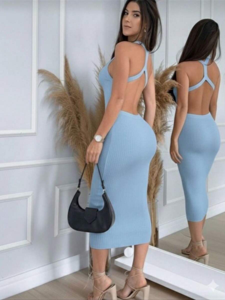 Midi Knit Dress With Crossover Back, Modal Fabric, For Christmas And New Year's. - Light Blue - View 1