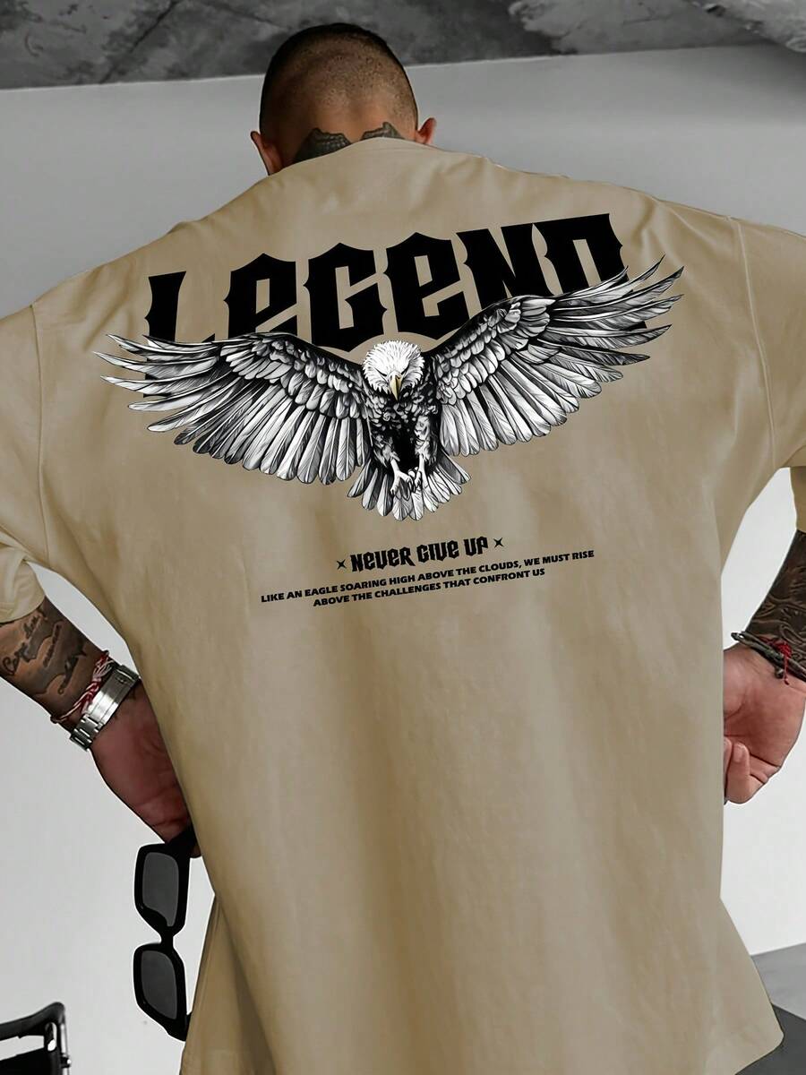 Men's Streetwear T-Shirt With Graphic Print - "Never Give Up" Featuring Wing And Skull Design, Loose Fit, Casual Short Sleeve, Light Beige Summer Top, Machine Washable, Motivational Clothing | T-Shirt With Back Print | Durable Casual Apparel - 杏色 - 查看 1
