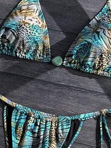 2件套夏季度假随机性感动物纹串珠吊带比基尼上衣和低腰系带泳裤泳装套装 - 彩色 - 查看 11