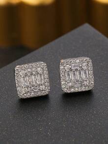 一对奢华波西米亚风方形立方氧化锆耳钉，优雅女士耳环，适合婚礼、派对、订婚、情人节礼物 - 方形 - 查看 1