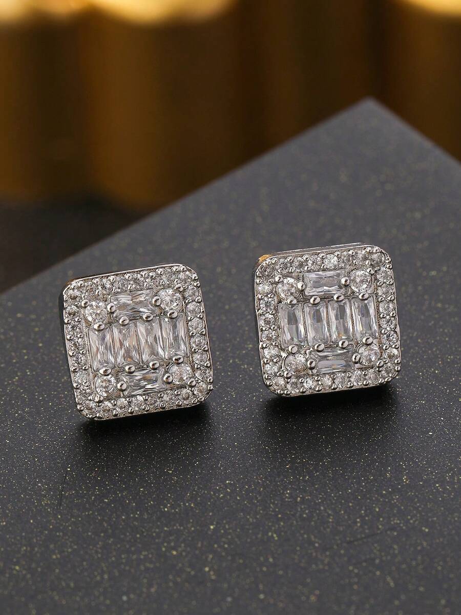 一对奢华波西米亚风方形立方氧化锆耳钉，优雅女士耳环，适合婚礼、派对、订婚、情人节礼物 - 方形 - 查看 1