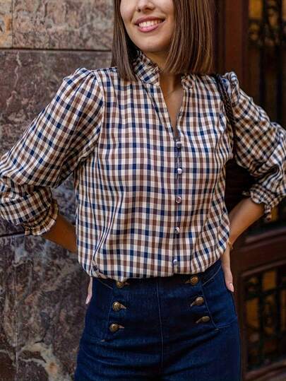 Camisa elegante y casual de mujer con mangas largas a cuadros, cuello en V, decorada con volantes. Puño ancho de panal. Cierre con botones, blusa elegante y con estilo para primavera/verano