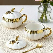 一套（勺子+杯子）南瓜形陶瓷杯，金色条纹马克杯带盖和勺子，手工制作的南瓜形陶瓷咖啡杯，仅限手洗，适用于拿铁、牛奶、酸奶、早餐、下午茶，是情人节、婚礼、派对、返校季、家居装饰的理想之选，也是送给朋友、同事的绝佳礼物。 - 彩色 - 查看 1