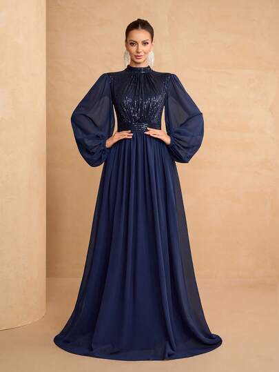 YISIKADO Elegante vestido de fiesta de gasa azul marino con cuello de mandarín con lentejuelas y mangas de obispo para boda primaveral