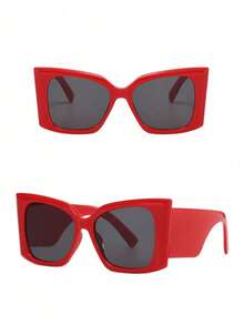 1 Pair Of Women's Large Cat Eye Red Frame Gray Sheet Casual Fashion Glasses - Red - View 2