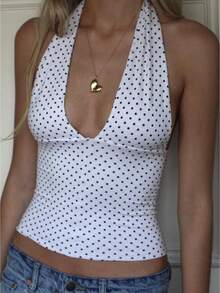 Women's Halter Neck Tank Tops Sleeveless Open Back Plaid/Heart Printed Slim Fit Tops Party Shirts - Ivory White - View 1