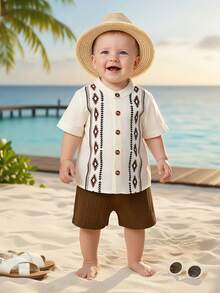 Set de 2 piezas: Camisa de manga corta con botones y estampado para niños pequeños, con tela a rayas texturizada. Pantalones cortos de unicolor con cintura elástica, adecuado para uso diario casual y salidas - Albaricoque - Ver 12