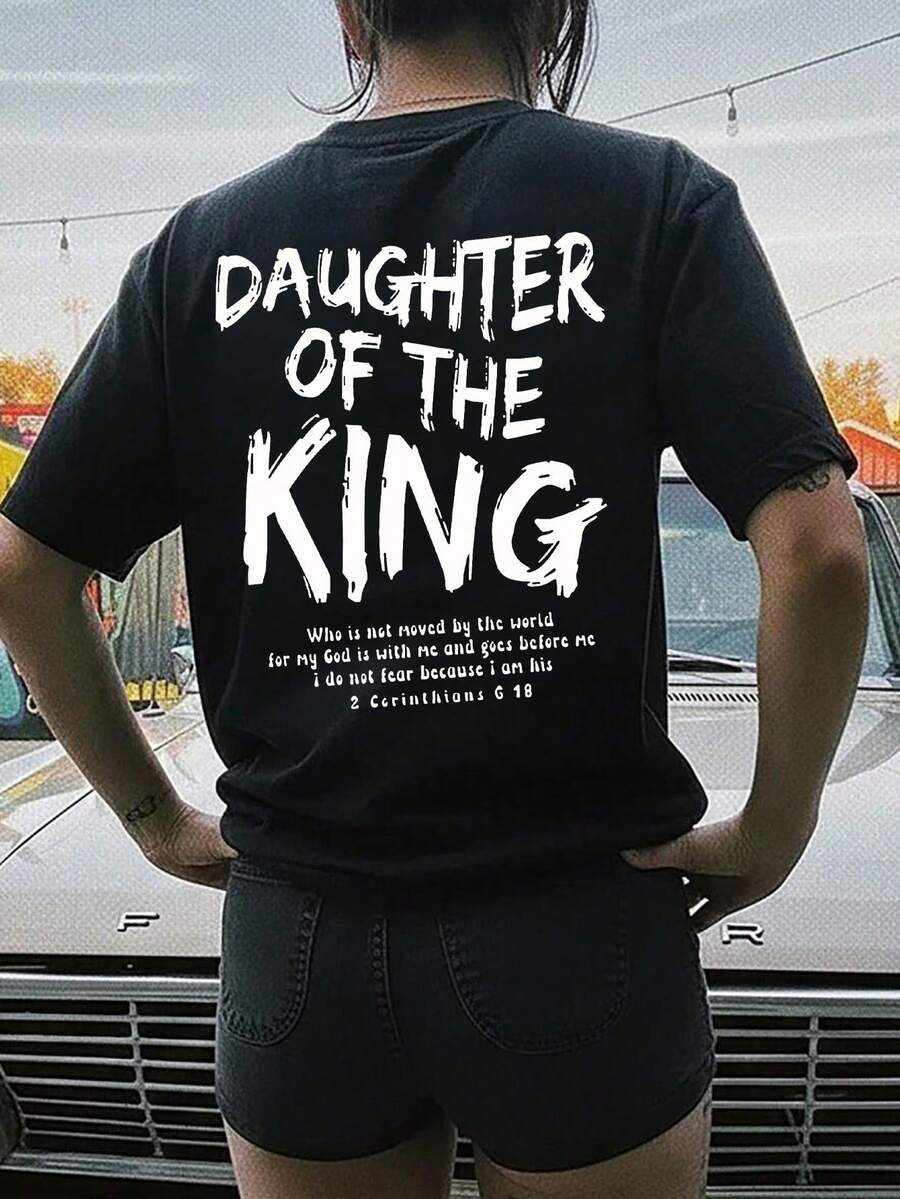 青少年女孩卡通標語「Daughter Of The King」印花圓領T恤,Y2K風格休閒柔軟舒適上衣,春夏款 - 黑色 - 查看 1