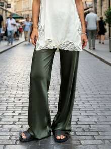 Women's Satin Silk Wide Leg Pants Low Waist Baggy Pants Lounge Bottoms Streetwear - 軍綠色 - 查看 6