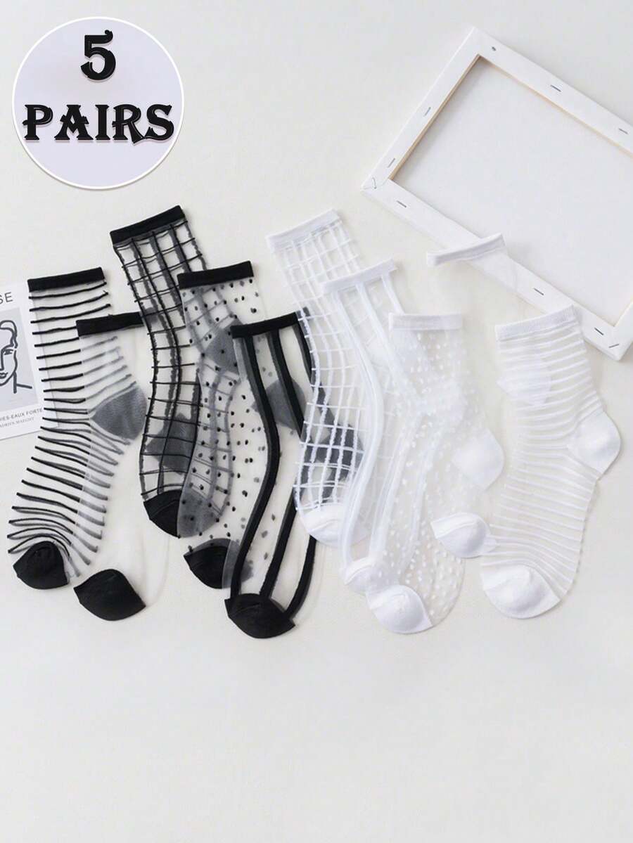 5双装（随机款式）女士时尚黑白波点条纹透明网眼中筒袜，轻薄透气，适合春夏日常穿着 - 黑與白 - 查看 1