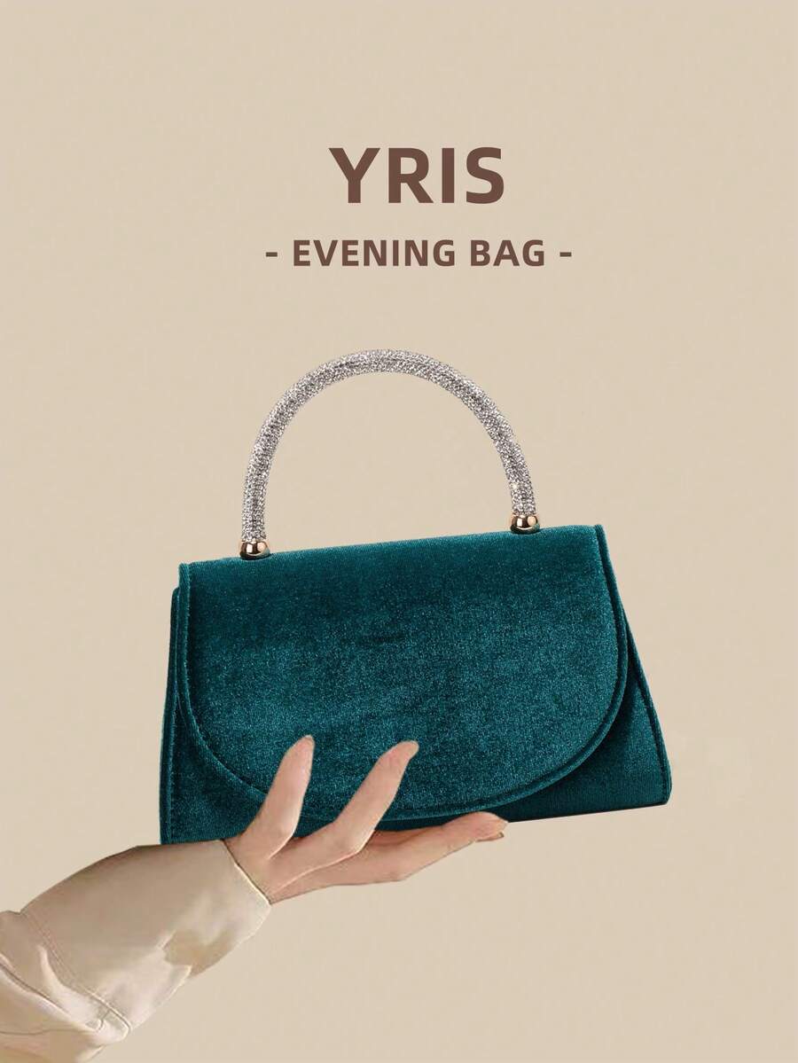 1 chiếc túi xách nhung cao cấp màu trơn thời trang có nắp gập, kèm vòng tay đính kim cương, túi công sở duyên dáng và thanh lịch dành cho nữ, phù hợp cho sử dụng hàng ngày, có thể dùng như ví cầm tay/túi xách tay/túi đeo vai/túi đeo chéo, thích hợp cho đám cưới/tiệc tùng/dạ hội/tiệc chiêu đãi và các sự kiện khác. - Màu xanh lá cây đậm - Xem 1