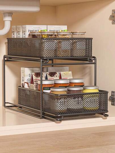 1个铁质厨房置物架，2/3层厨房收纳架，多层家用多功能水槽下置物架，碗碟架，调料架，拉出式收纳架