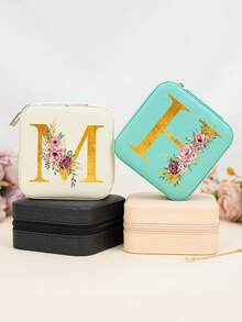 个性化花卉字母旅行首饰盒，伴娘礼物，首饰盒，耳环戒指收纳盒，字母组合礼盒，首饰盒收纳盒，女士首饰盒，小型首饰盒，耳环首饰盒，项链首饰盒，首饰盒，婚礼回礼 - 彩色 - 查看 4
