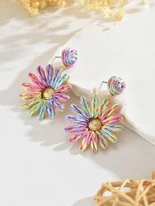 1 Coppia di orecchini estivi fatti a mano in raffia con girasole, uno stile unico e versatile per le vacanze, orecchini pendenti in raffia intrecciata colorata a forma di fiore, affascinanti e di moda, adatti per l'uso quotidiano, le feste e le vacanze delle donne - Colore misto - Visualizzare 2